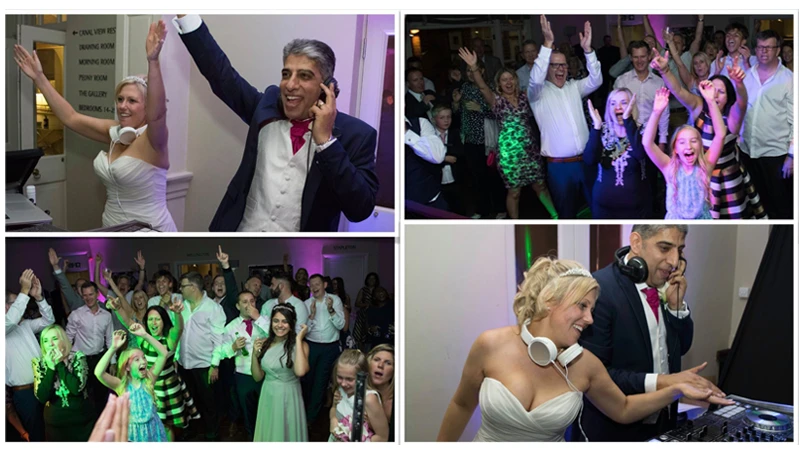 A wedding DJ interacting with guests during the event.